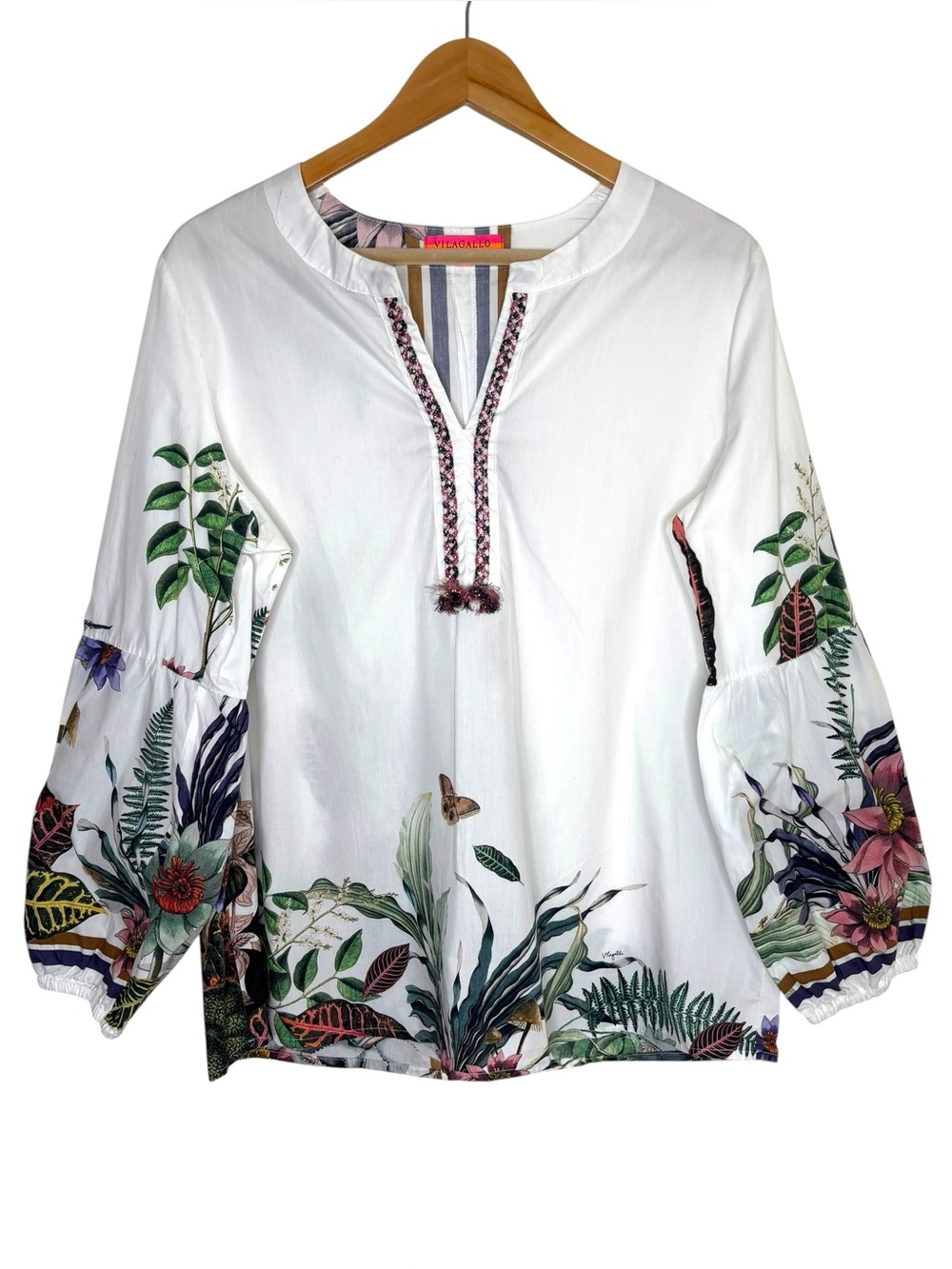 Vilagallo blouse white cotton floral stripe bird balloon sleeve size 44 US L